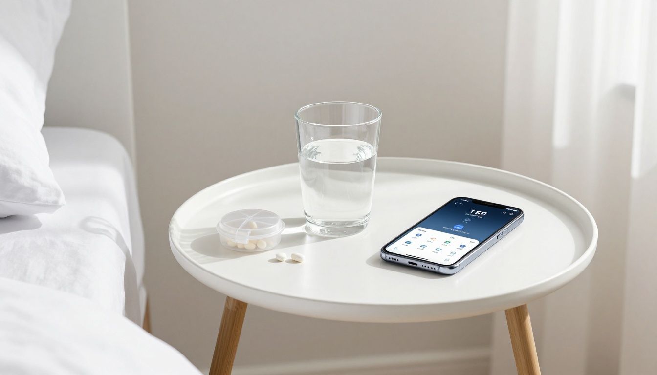 A clean, minimalist bedroom side table with a clear glass of water, a pill case, and a modern smartphone showing an organized health monitoring app, bright morning light, high resolution, professional photography