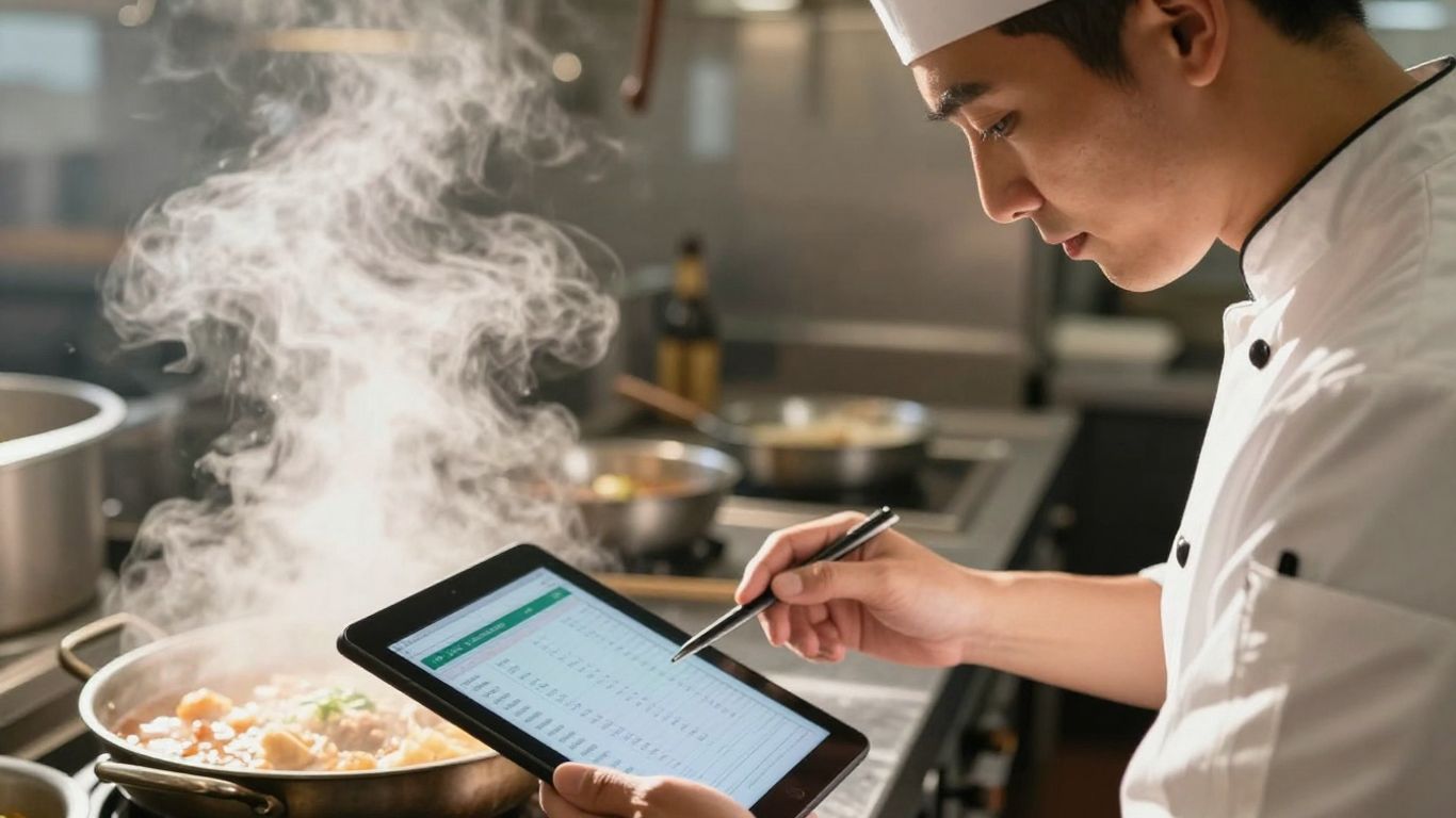Chef reviewing finances in a busy restaurant kitchen.