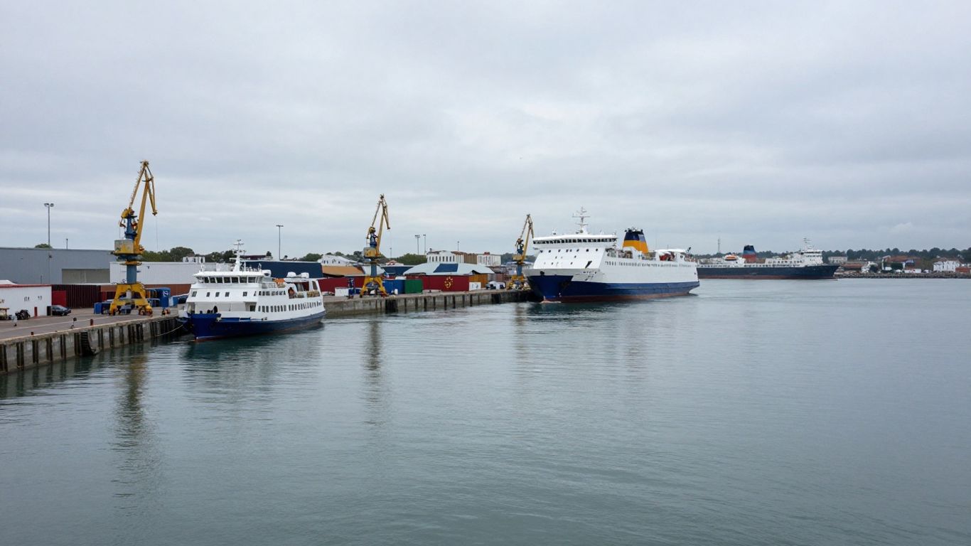 Calais Ferry Port with docked ferries and distant ships.