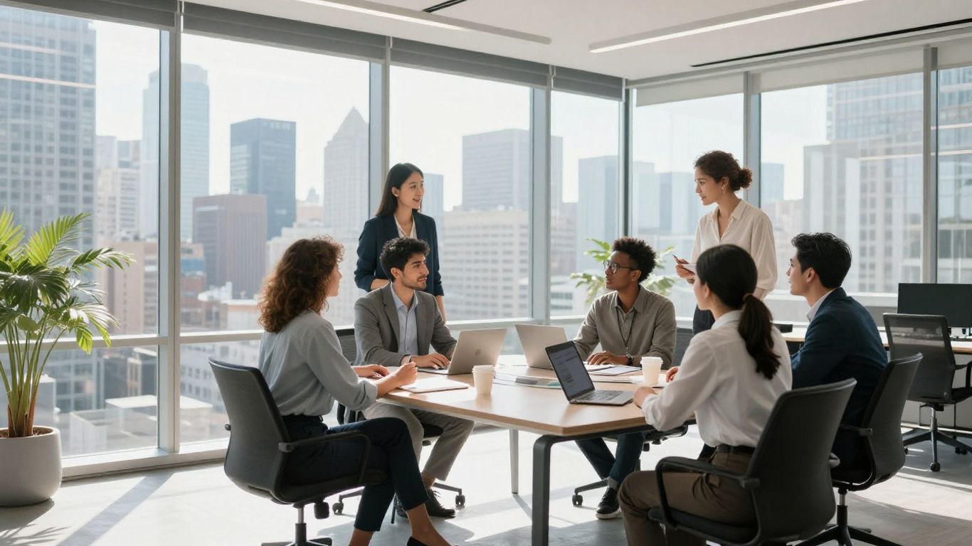 MarketPro team collaborating in a modern office with city view.
