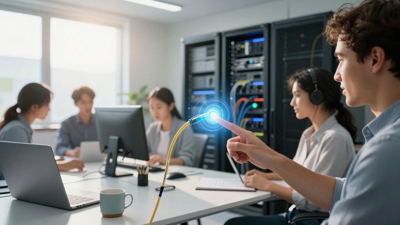 Team working with IT infrastructure, business growth.