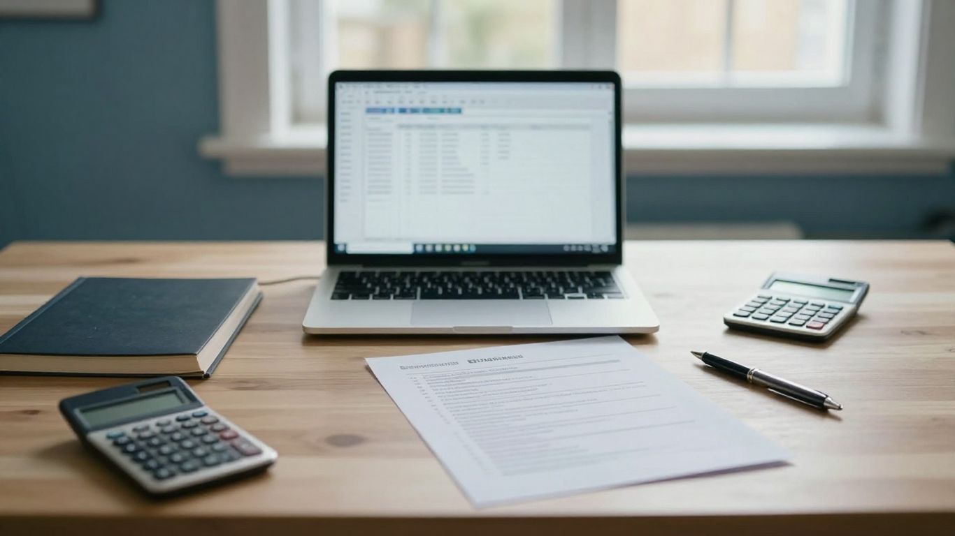 A bank statement PDF beside a spreadsheet on a desk
