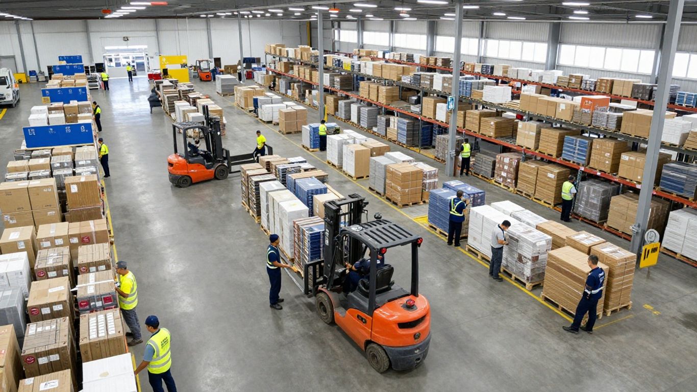 Supply chain operations with distribution centers and teams.