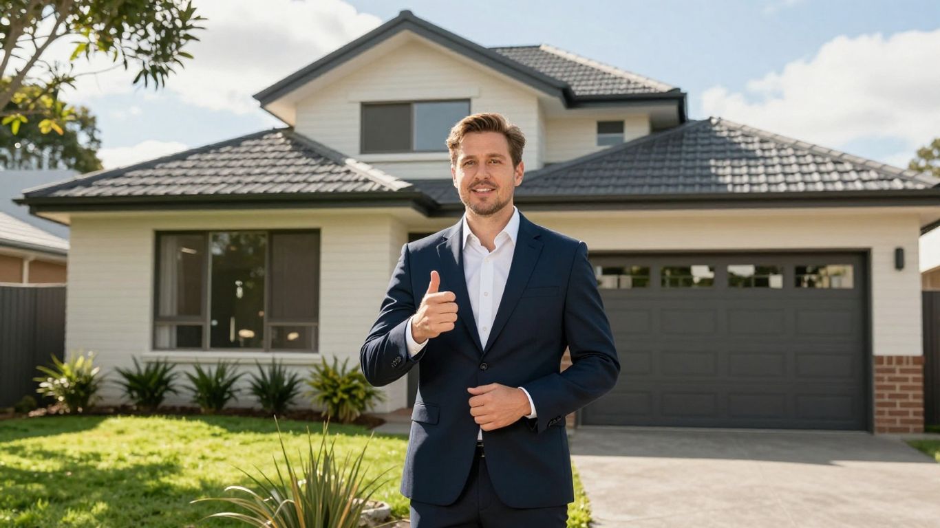 Real estate agent with modern Australian house.