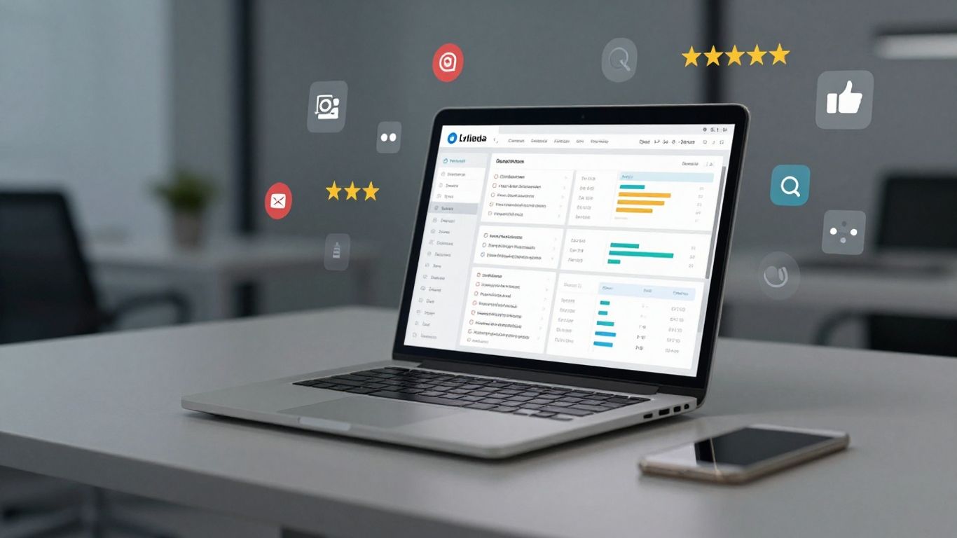 Multi-platform review dashboard on a laptop screen.