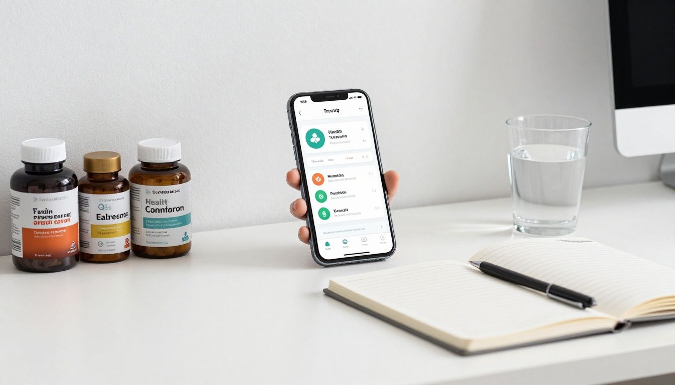 A clean, modern, and bright workspace featuring a smartphone displaying a health tracking app, organized supplement bottles, a notebook, and a glass of water, representing a structured and proactive approach to health optimization.