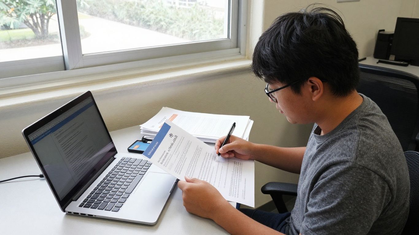 Student reviewing CNA training documents at a desk