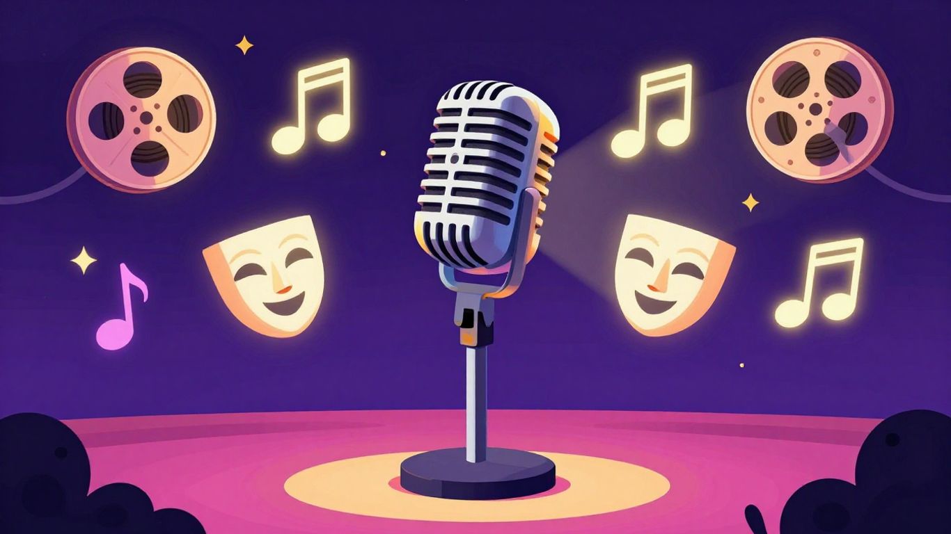 Microphone with entertainment icons, game-like illustration.