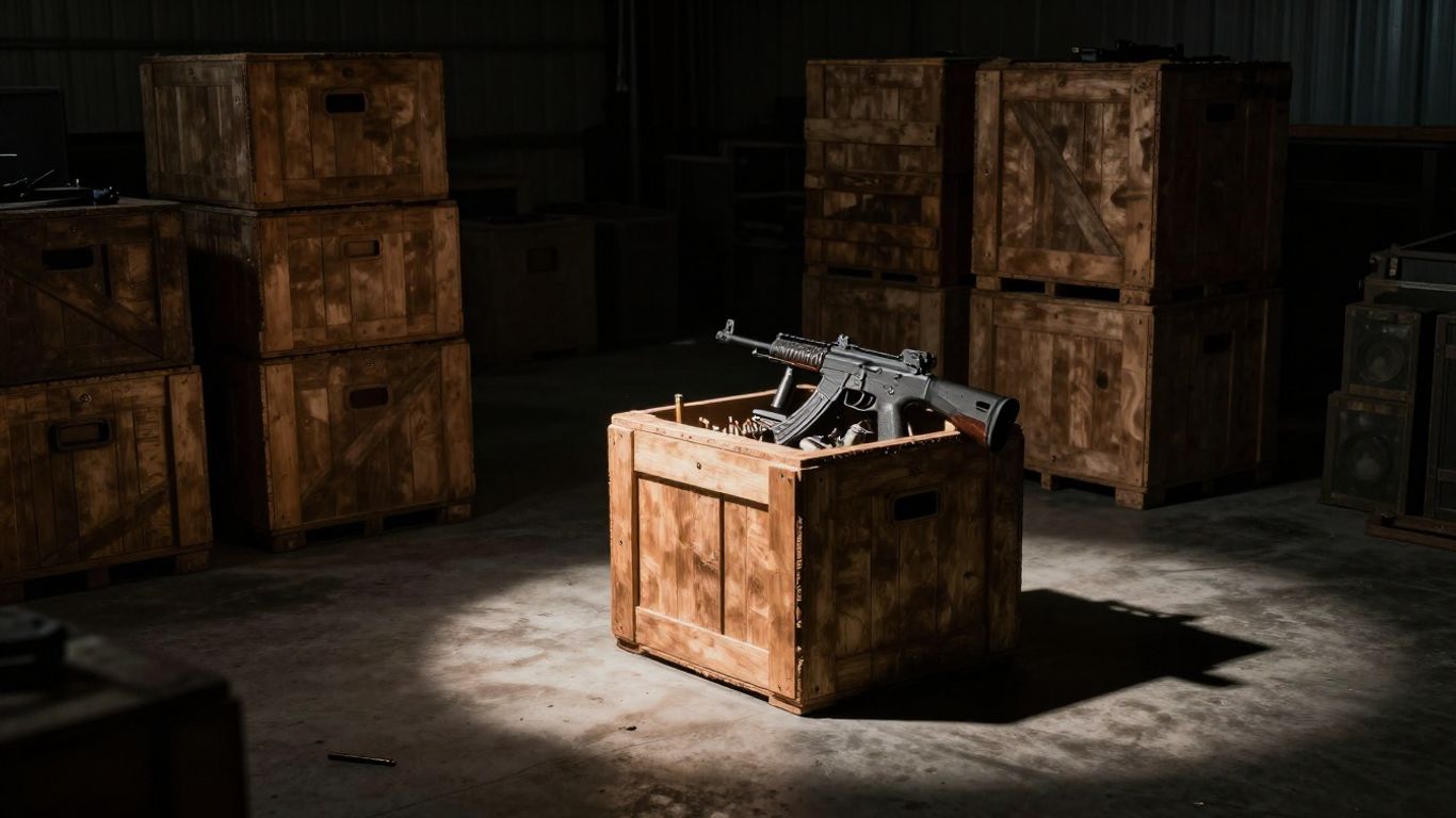 Weapons in crates inside a dark warehouse.