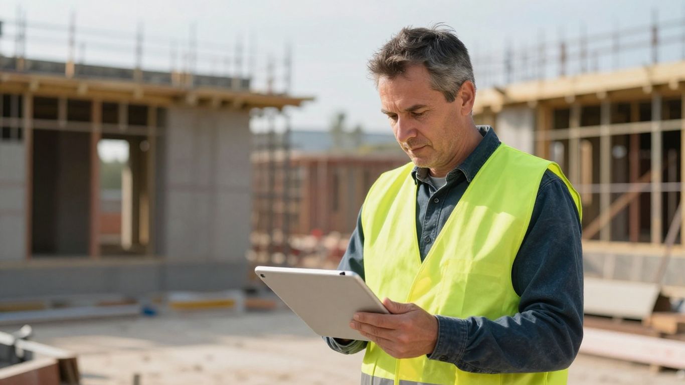 A contractor using a tablet at a job site