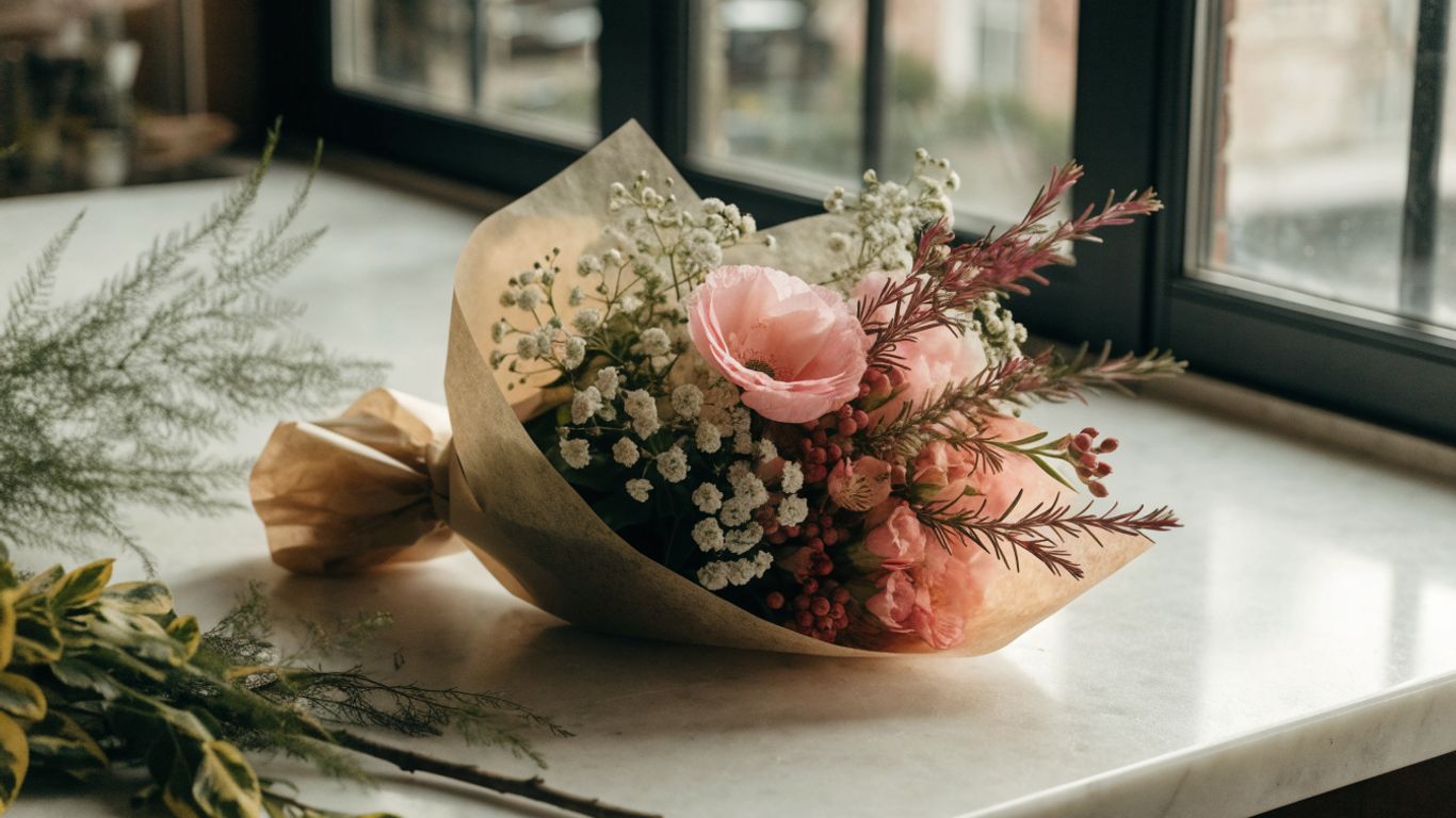 A seasonal anniversary bouquet wrapped for delivery