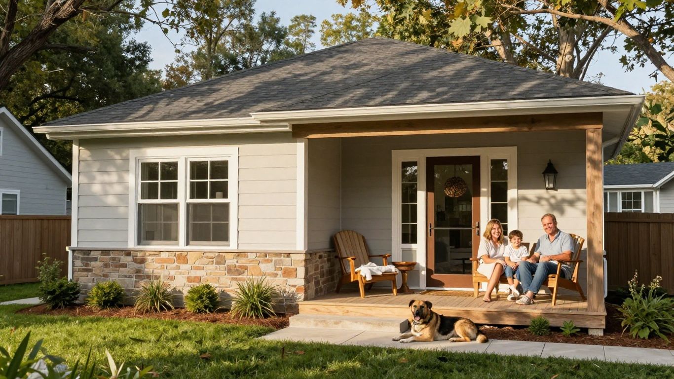 Casa segura con familia sonriente y perro en el porche.