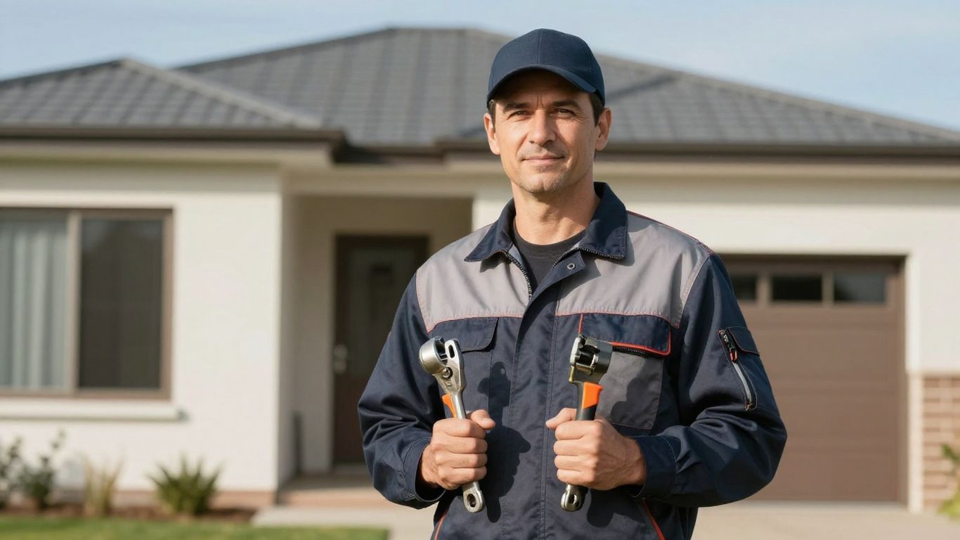 Electrician with tools near a house.