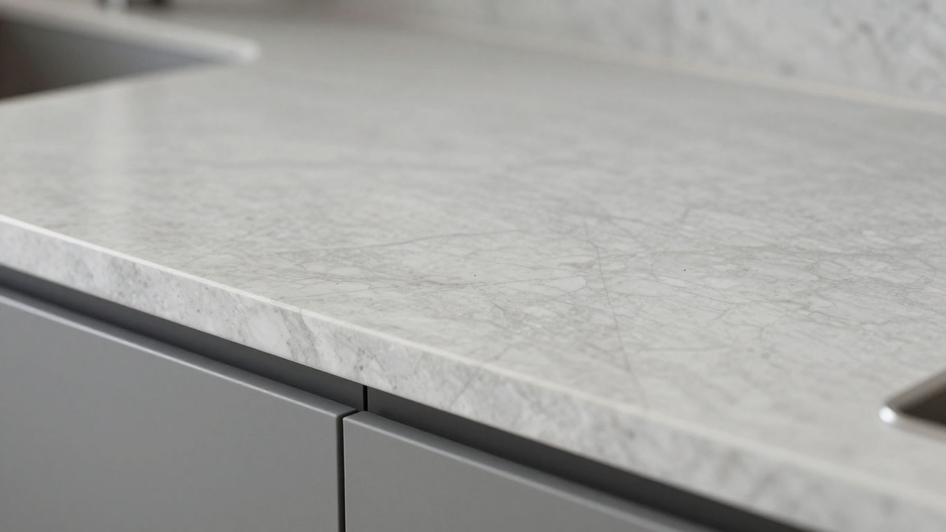 Polished quartz kitchen worktop with subtle veining.