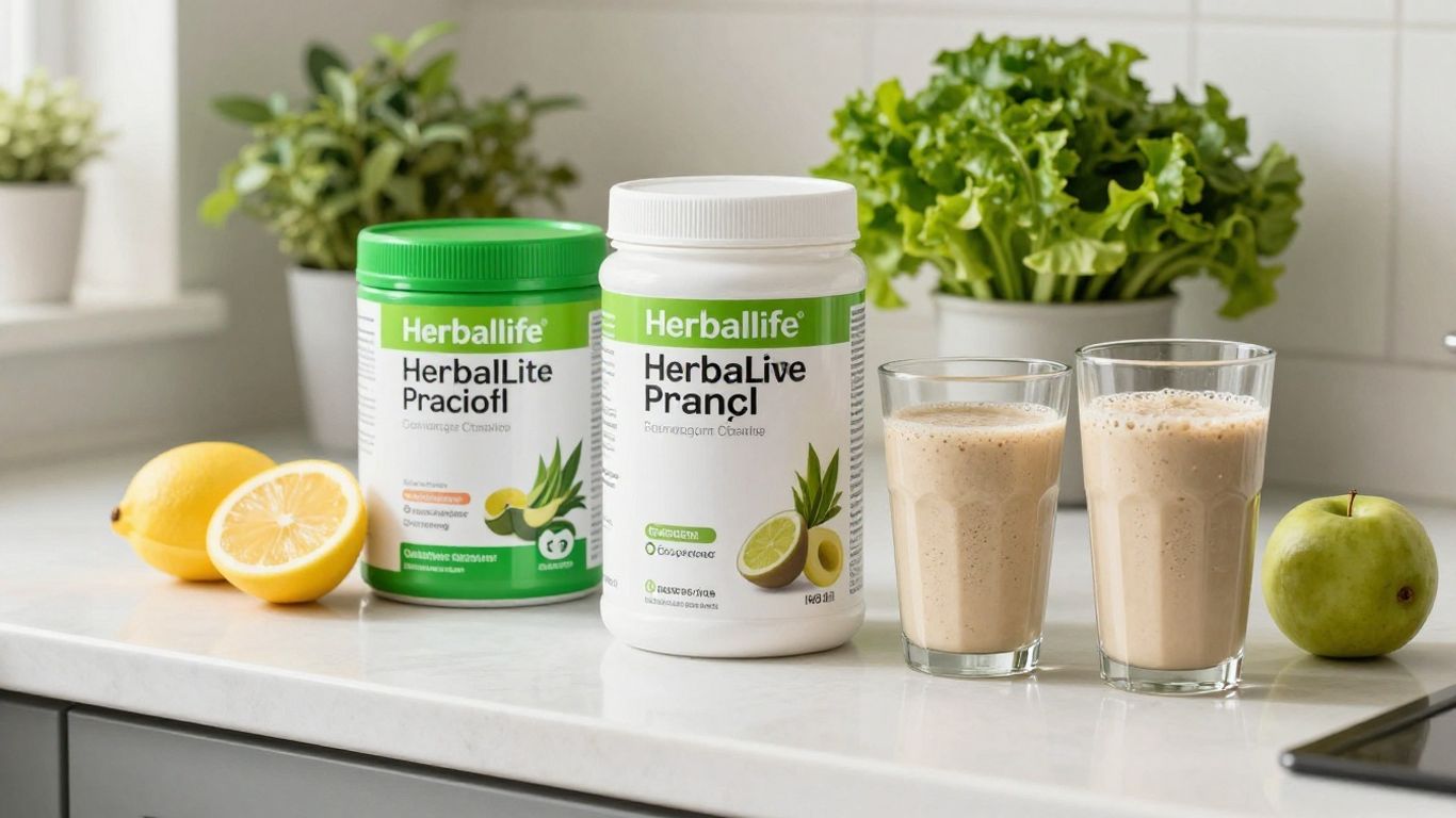 Herbalife products with shake and fruits on kitchen counter.