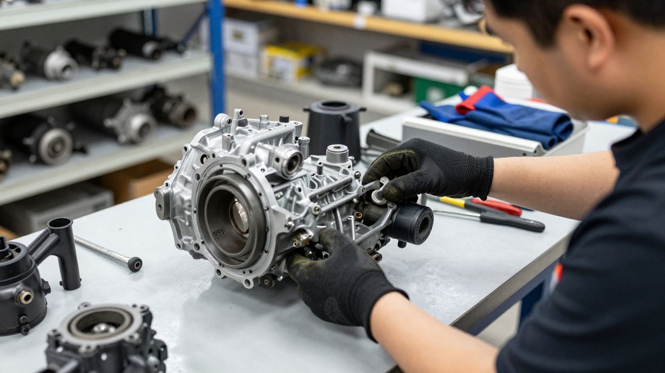 Mechanic inspecting Toyota parts in workshop