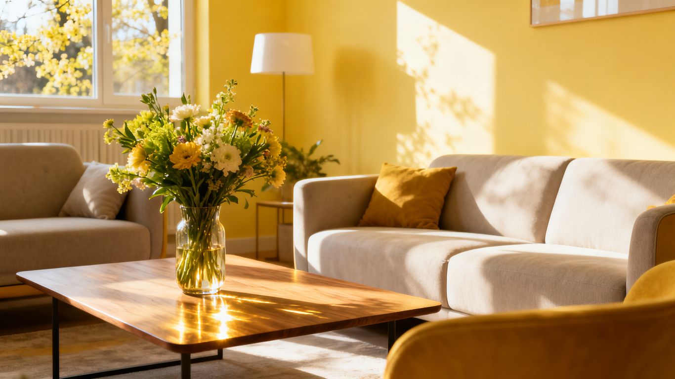 Bright yellow living room with natural light.