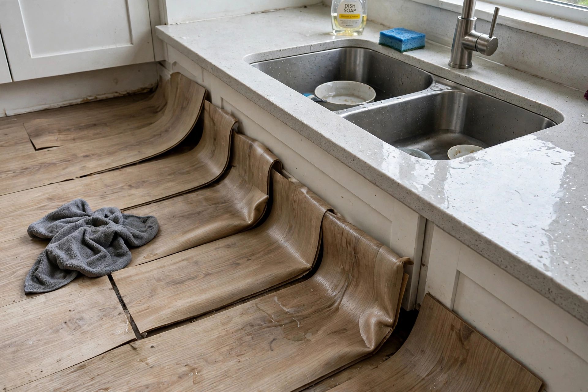 Laminate boards lifting and swelling at the joints beside a kitchen sink after water has reached the floor