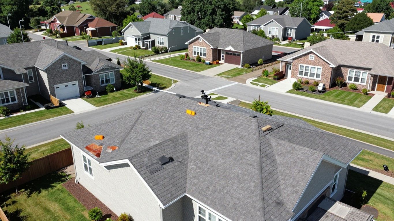 Drone view of a house rooftop.