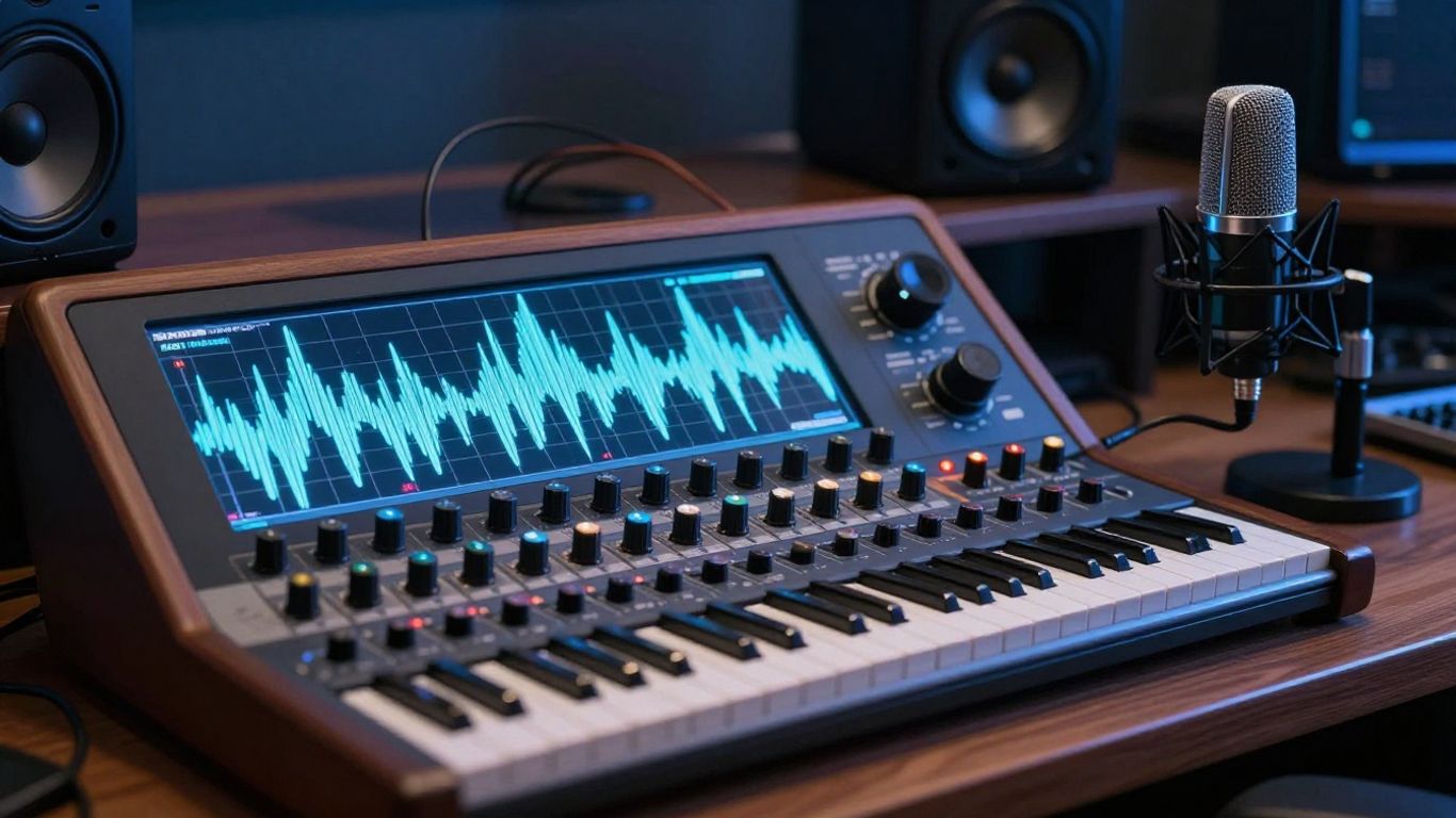 Close view of studio monitors and audio waveform
