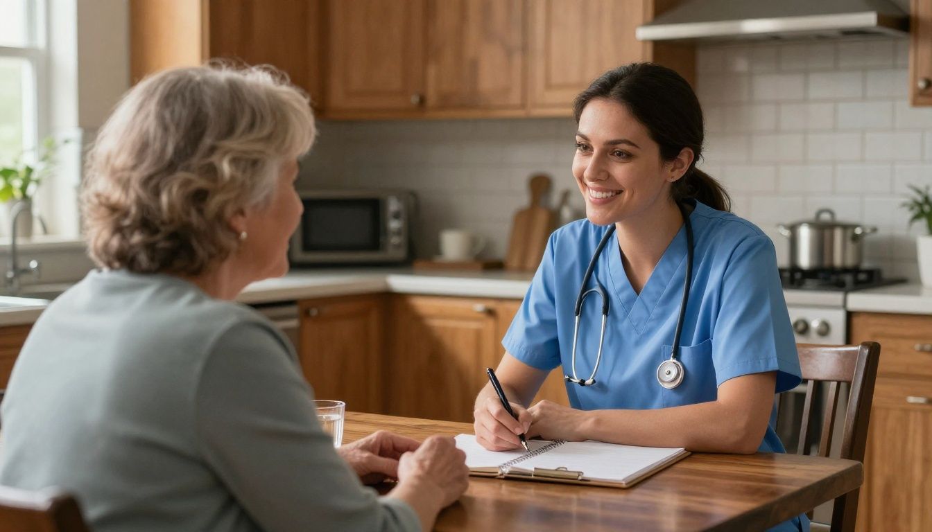 A compassionate female home care nurse in her 30s with a warm smile sits at a kitchen table, listening intently to an older woman.