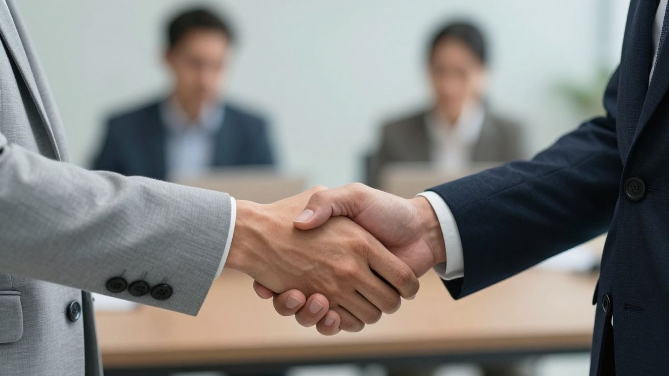 Business handshake in a modern office.