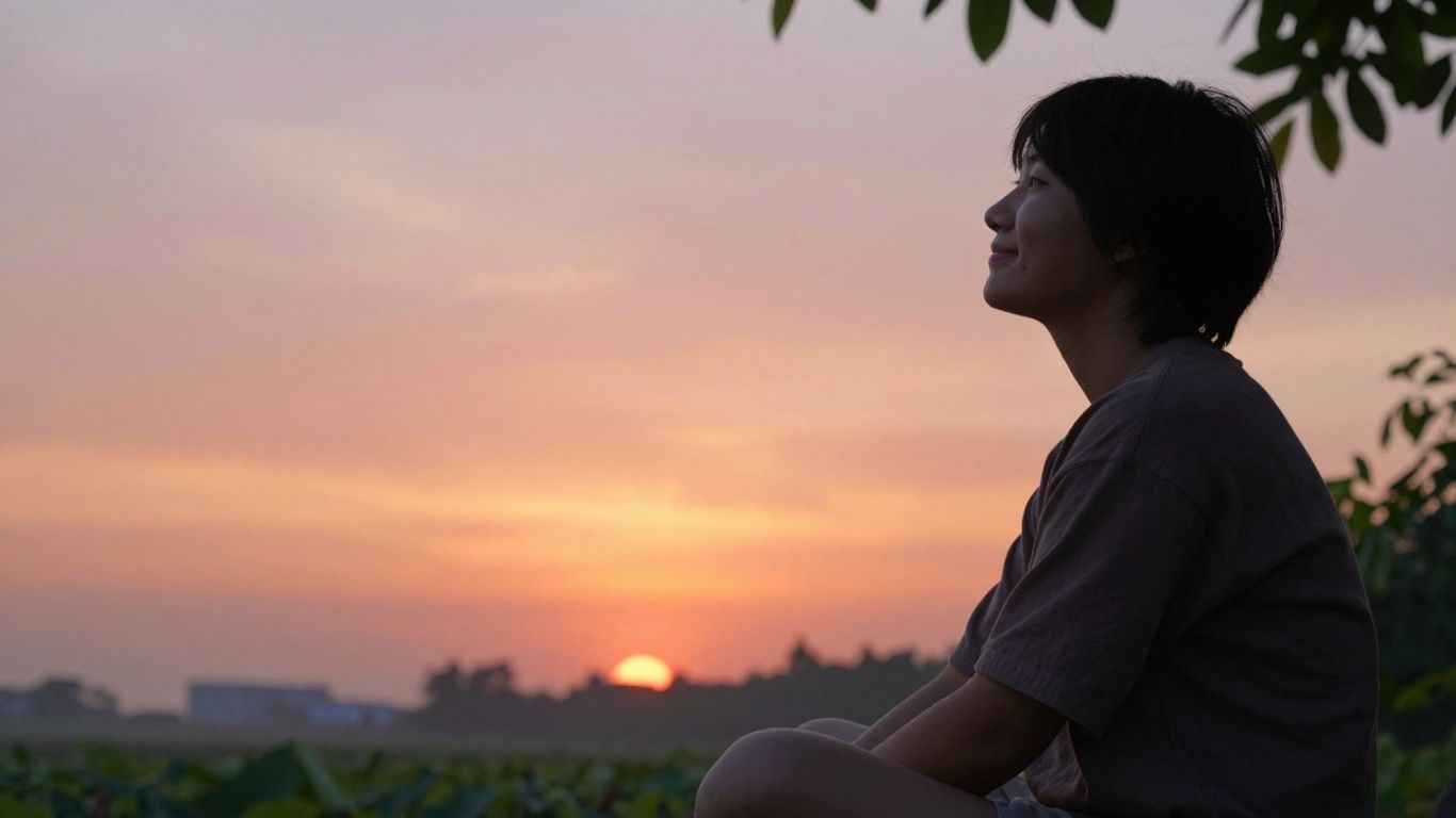 Sunrise with a person smiling, symbolizing morning positivity.