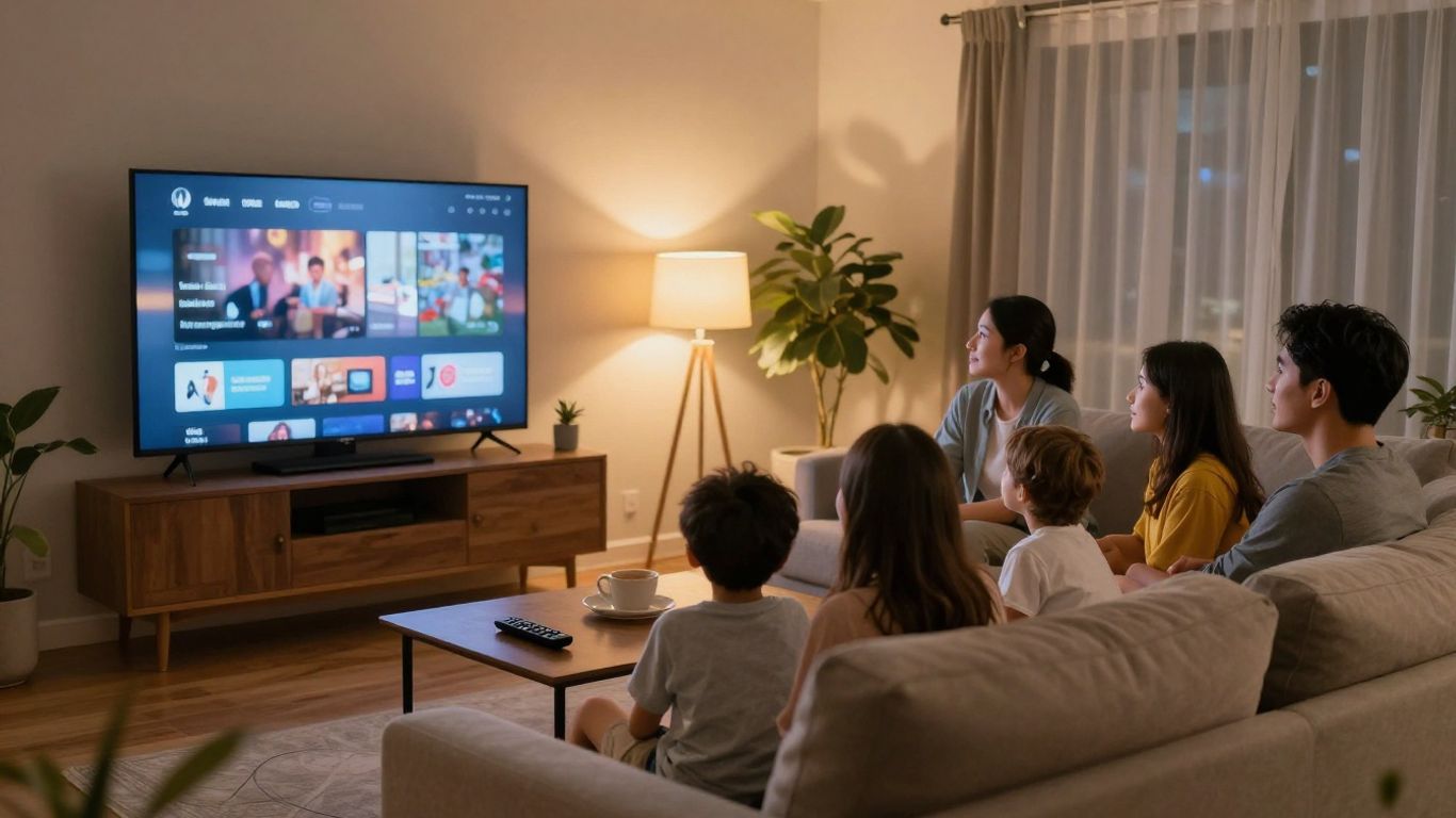 Family watching live television at home