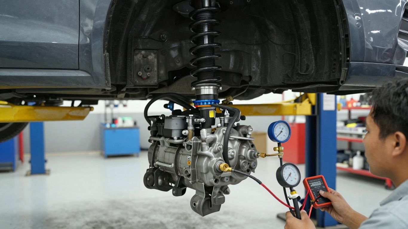 Technician testing air suspension compressor pressure