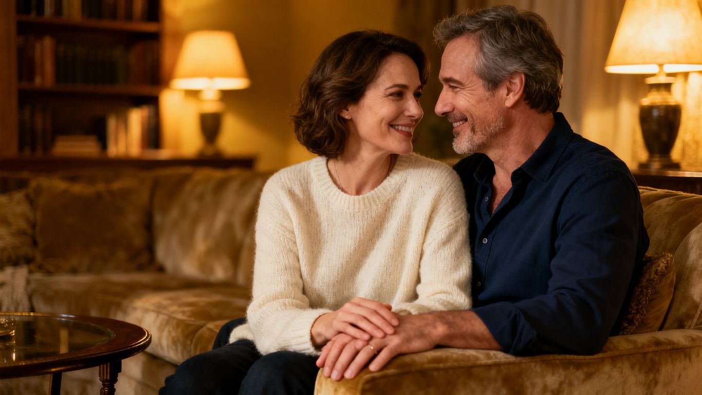 Couple sharing a tender moment in a cozy setting.