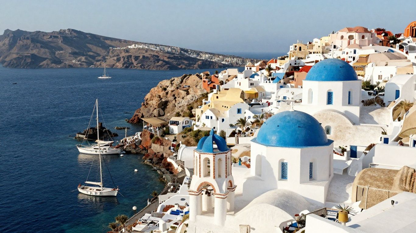 Sunlit Greek island harbor with whitewashed homes