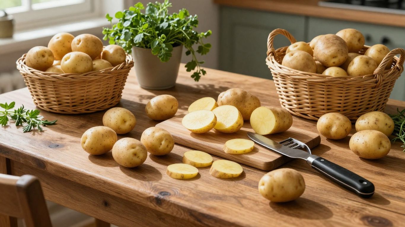 Biologische aardappelen op houten tafel met keukengerei