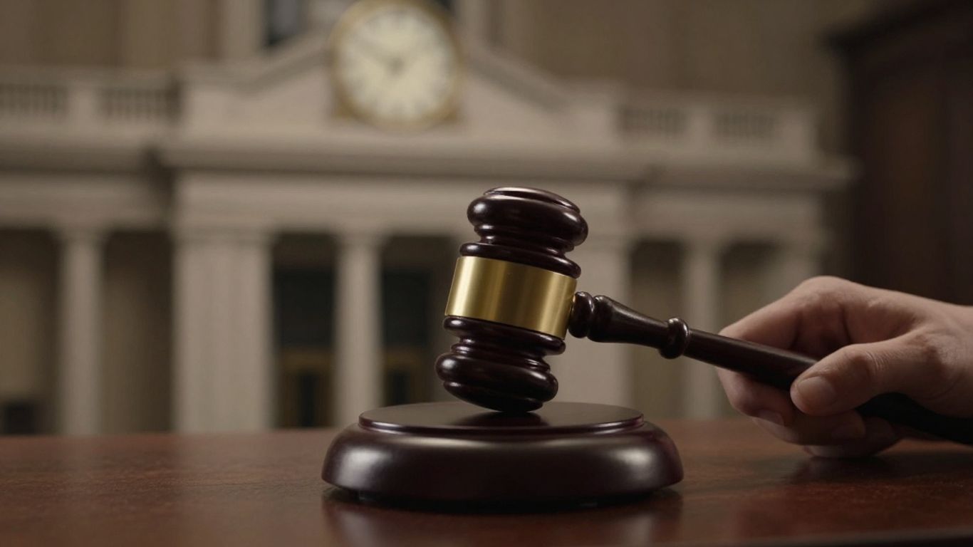 Gavel striking block near courthouse with clock.