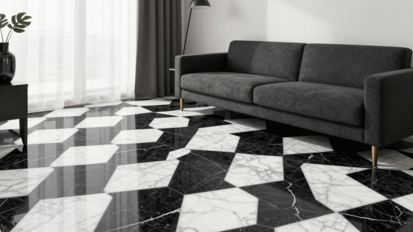 Checkerboard marble floor pattern in a modern room sketch.