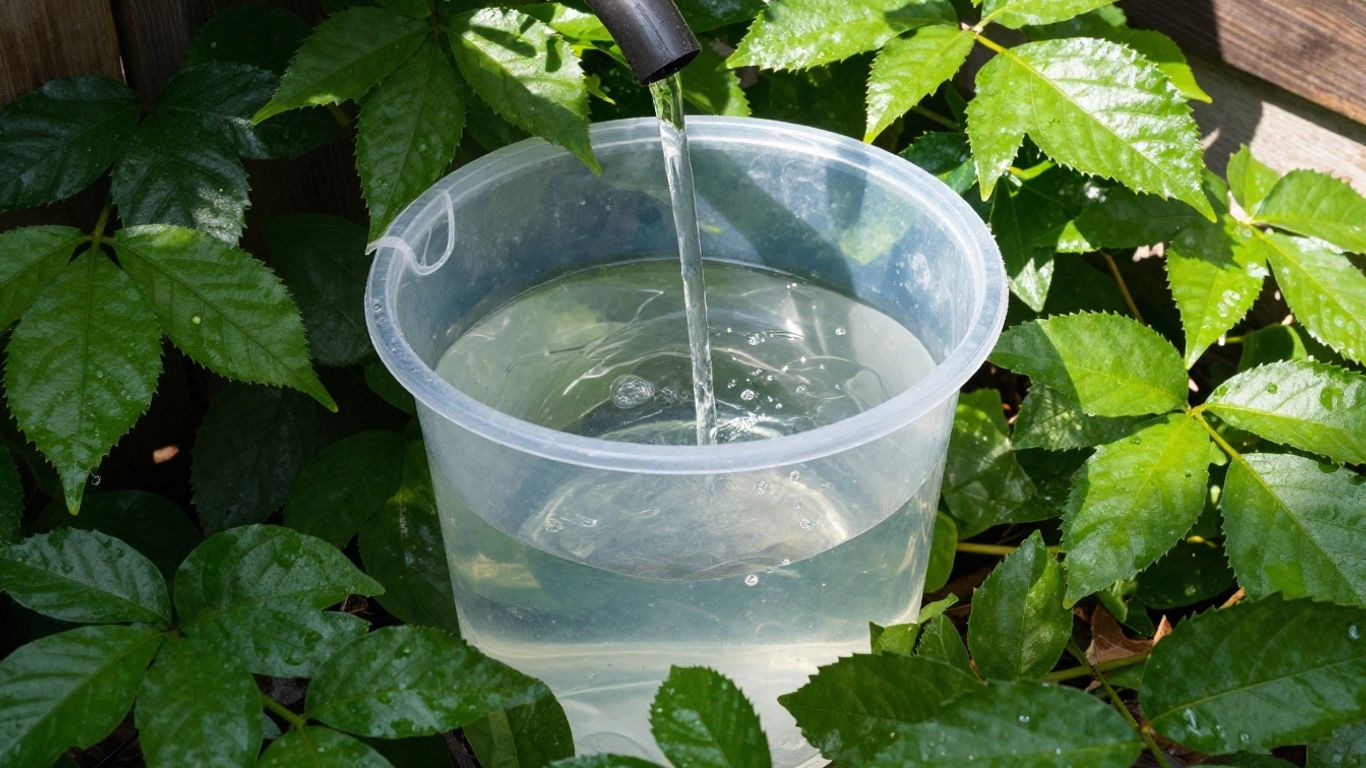 Rain barrel collecting water from a downspout.