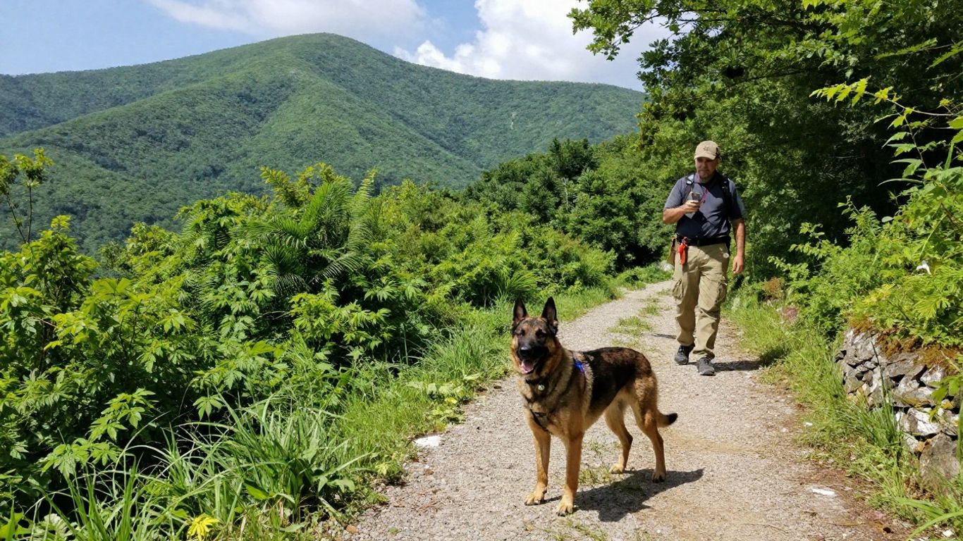 Dog and handler on a scenic trail at Lookout Mountain.