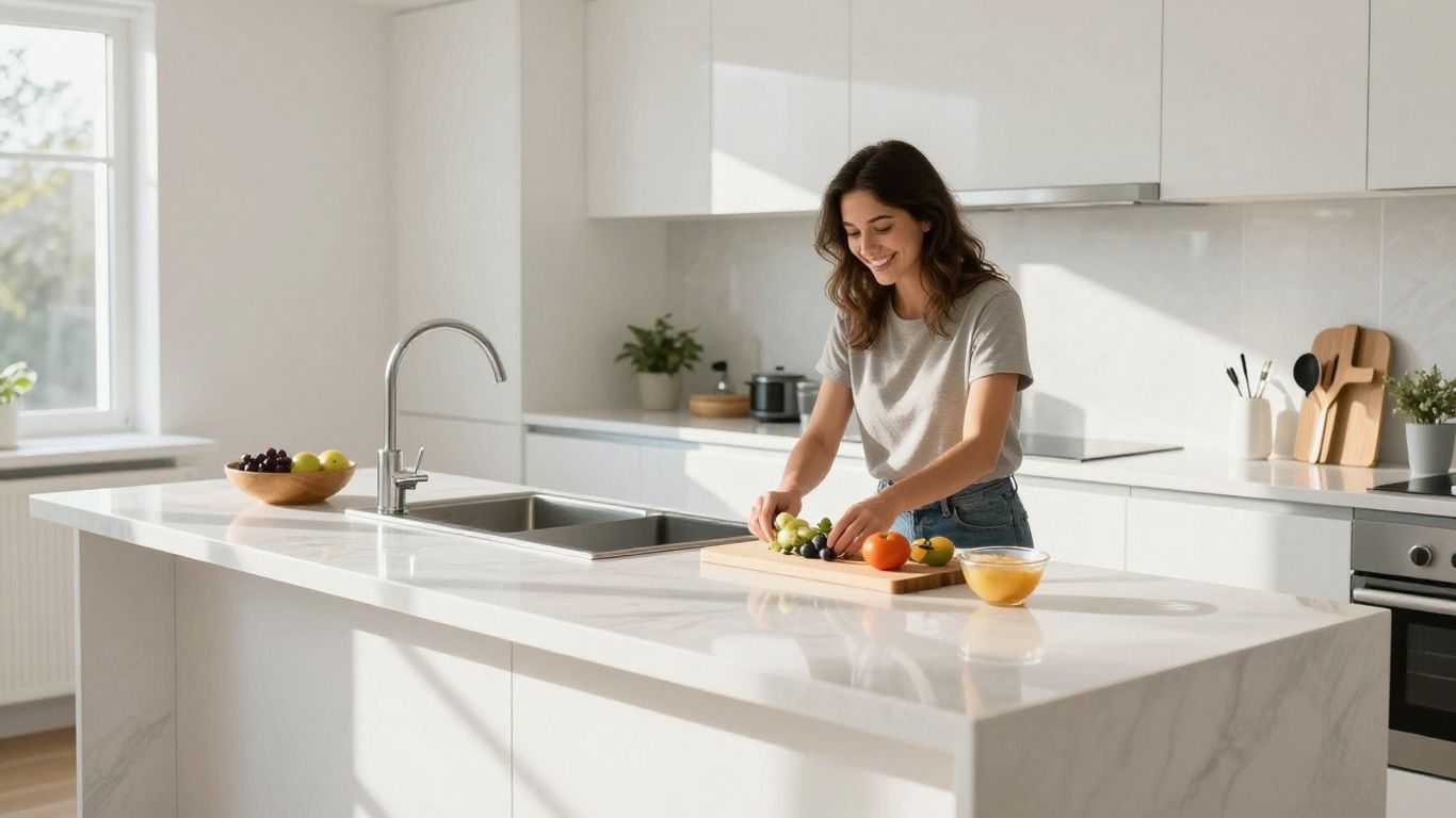 Modern kitchen with new countertops and sunlight.