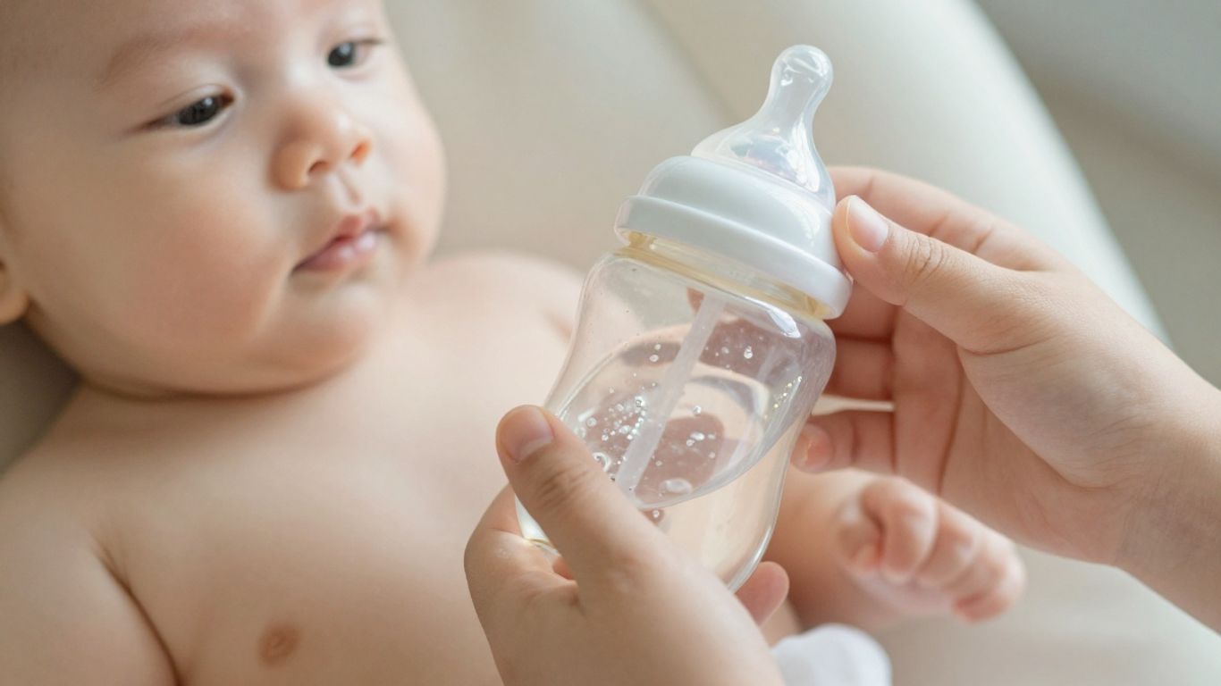 Manos de bebé sosteniendo un biberón con agua.