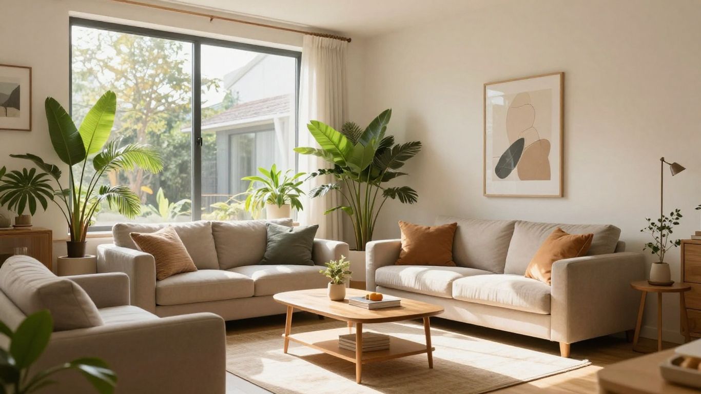 Cozy Airbnb living room with stylish decor and natural light.