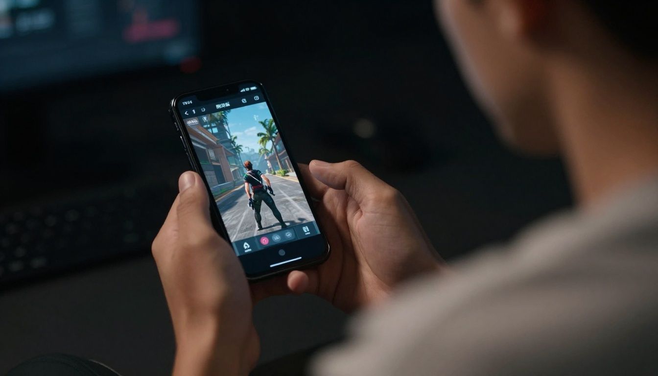 Um jogador concentrado olhando para a tela de um smartphone, que exibe uma cena de ação intensa de um jogo com gráficos realistas, em um ambiente escuro.