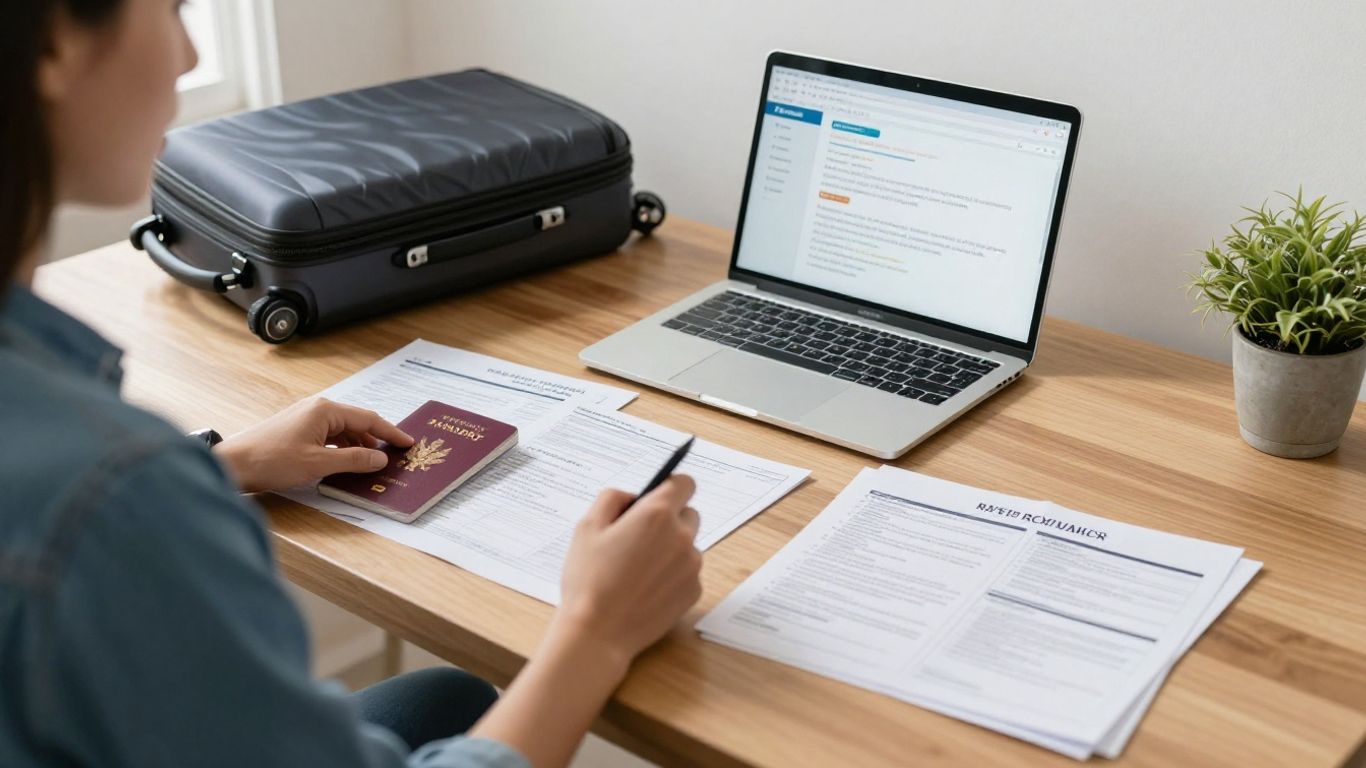 Remote worker organizing visa documents beside laptop