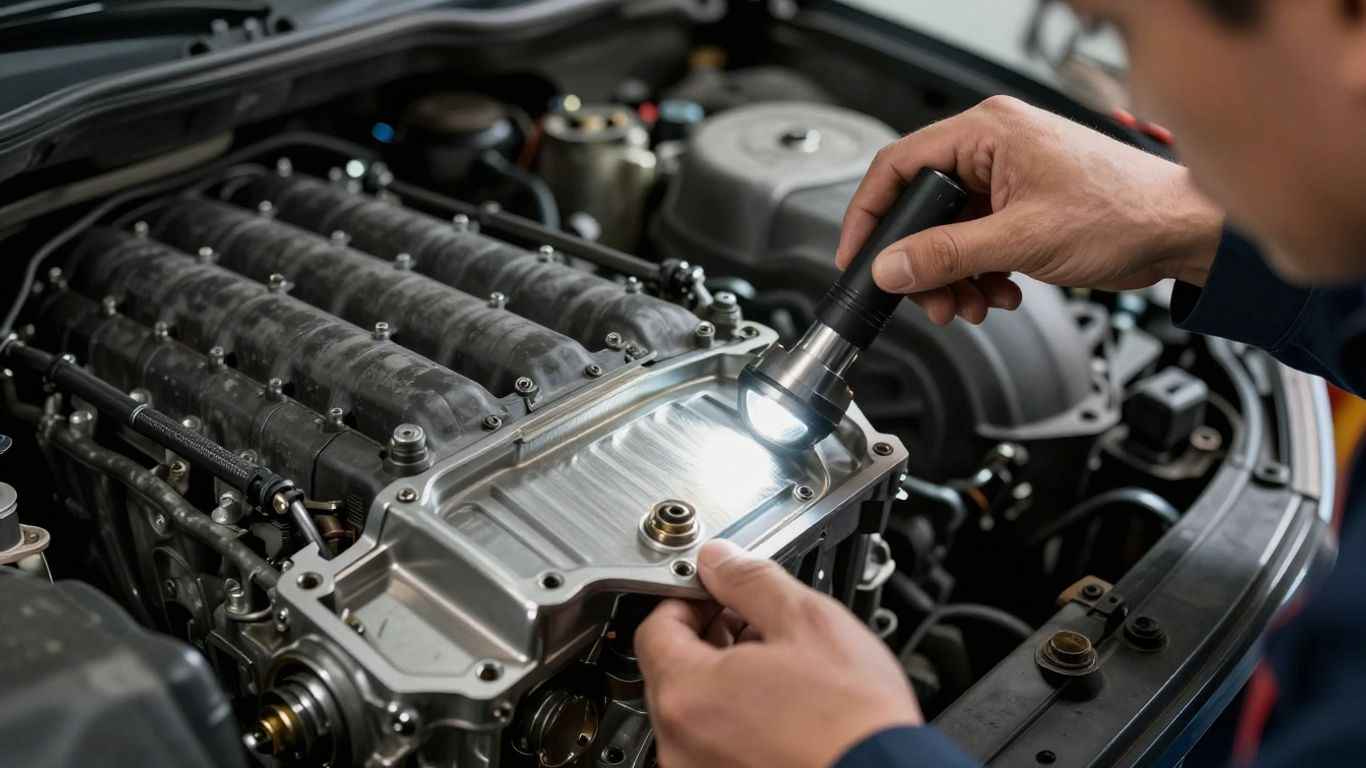 Close-up of a mechanic inspecting car engine components