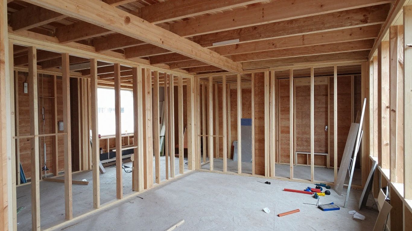 Loft space with exposed wooden beams and structural supports.