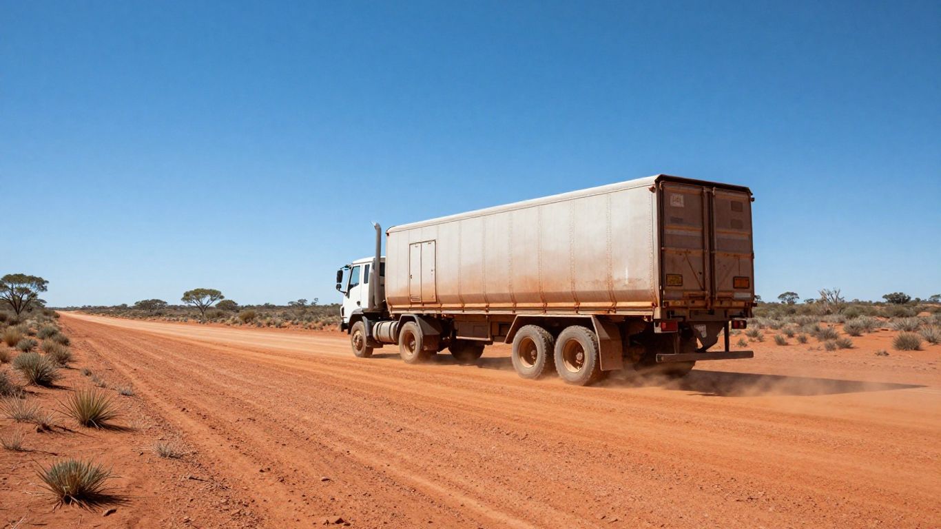 Truck driving on a remote outback road.