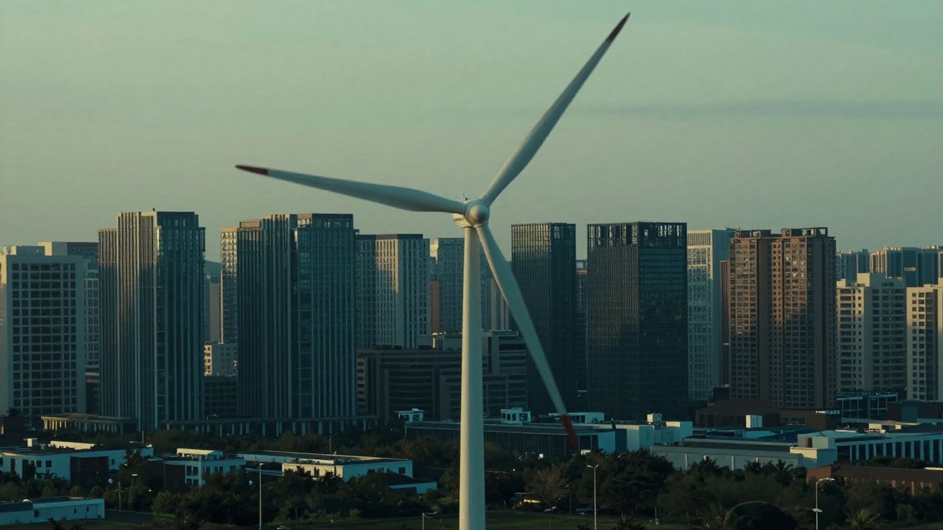 Ville moderne avec éolienne, transition énergétique