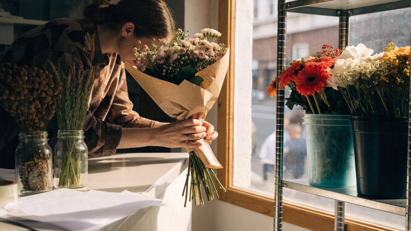 Florist preparing flowers for local delivery