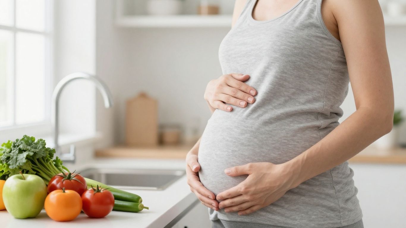 Mujer embarazada comiendo frutas y verduras frescas.
