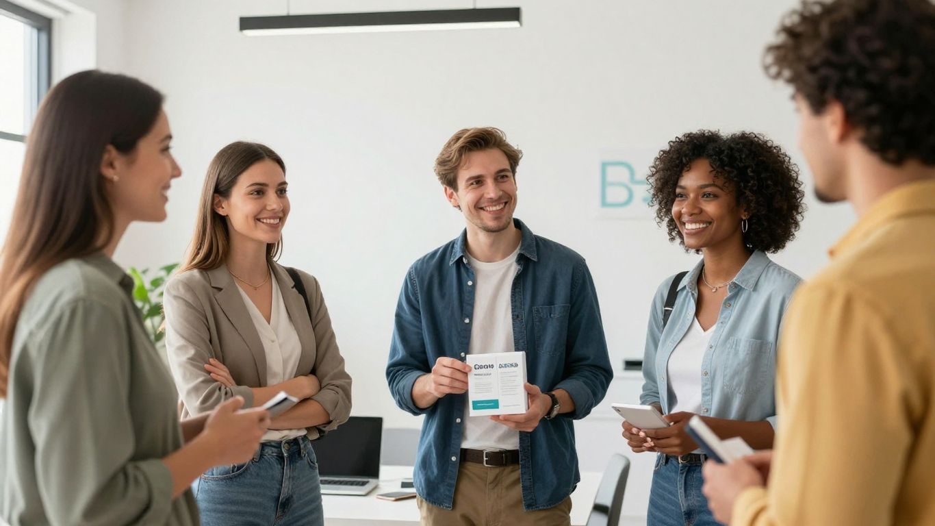 Personas sonriendo en un entorno de oficina moderno.