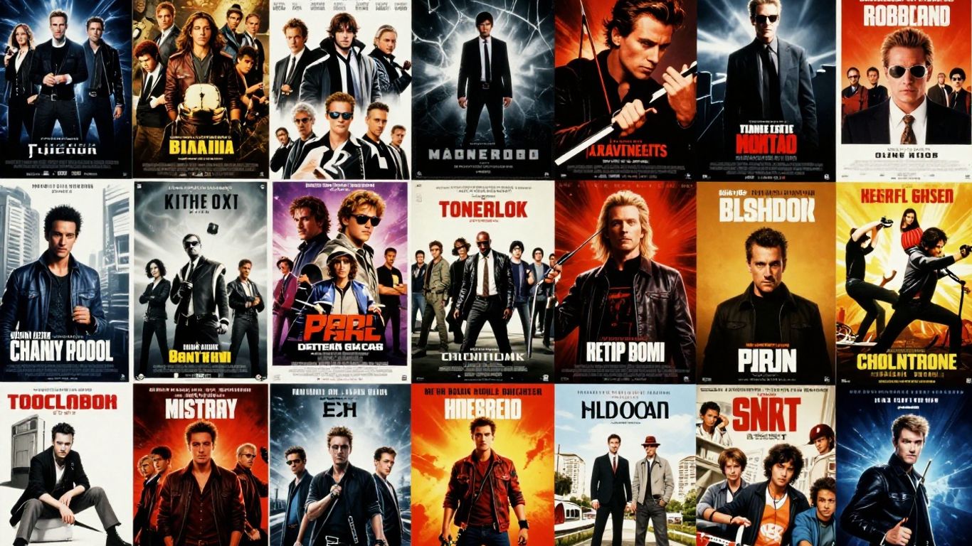 Pôsteres de filmes e séries variados em colagem.