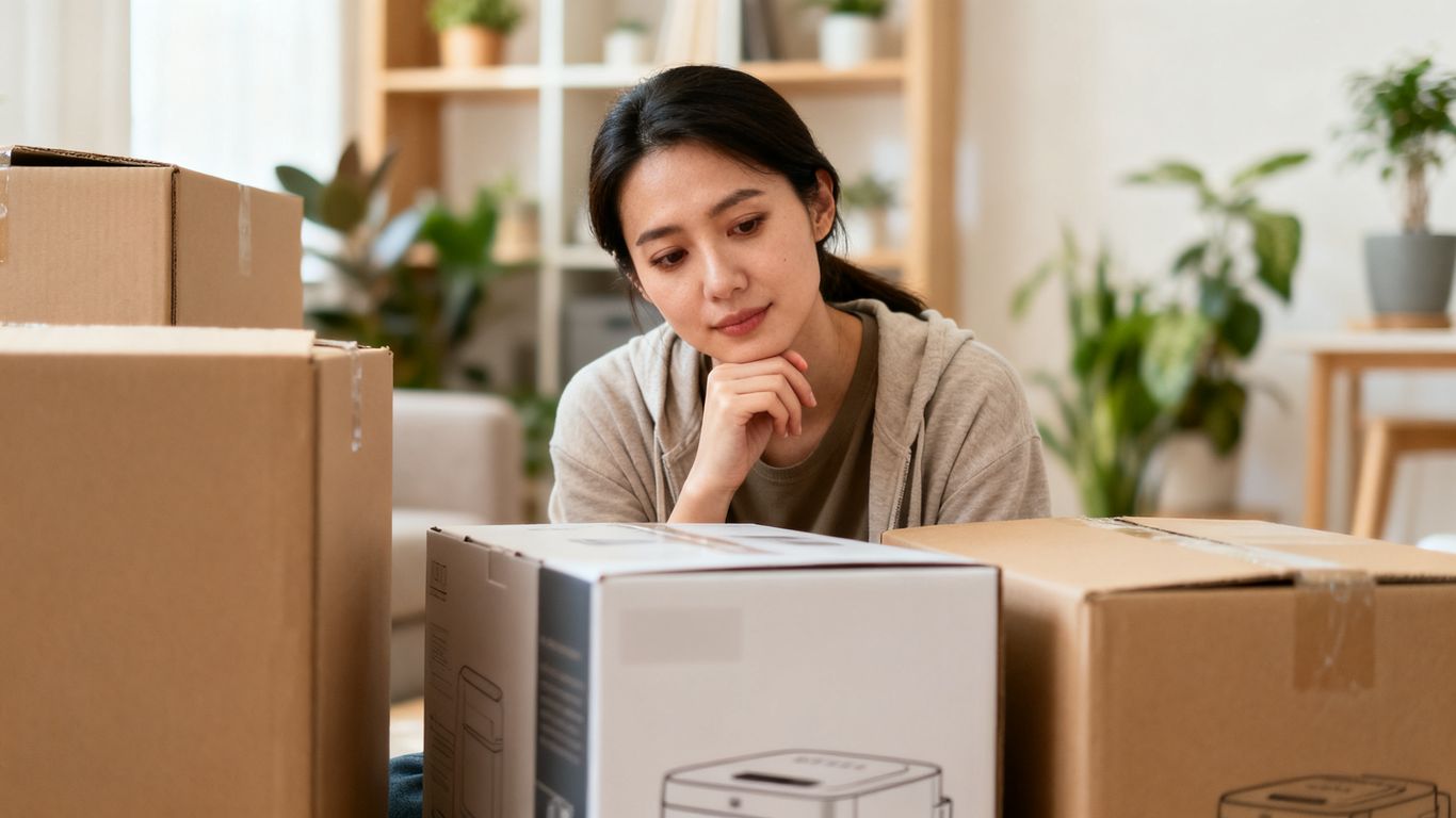 Young woman choosing appliance size